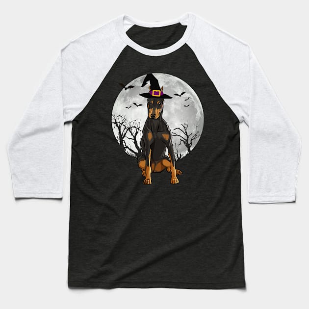 Scary Doberman Pinscher Dog Witch Hat Halloween Baseball T-Shirt by IainDodes